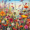 A vibrant diamond painting image featuring a field of colorful wildflowers and purple lavender stalks.