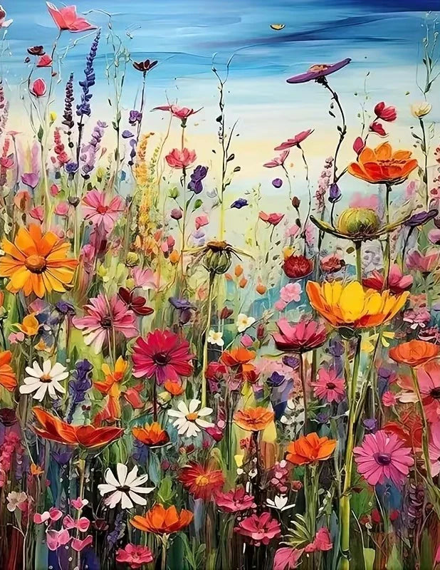 A vibrant diamond painting image featuring a field of colorful wildflowers and purple lavender stalks.