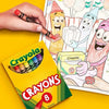 A hand holds a box of Crayola 8 jumbo washable crayons next to a colorful illustration of cartoon characters.