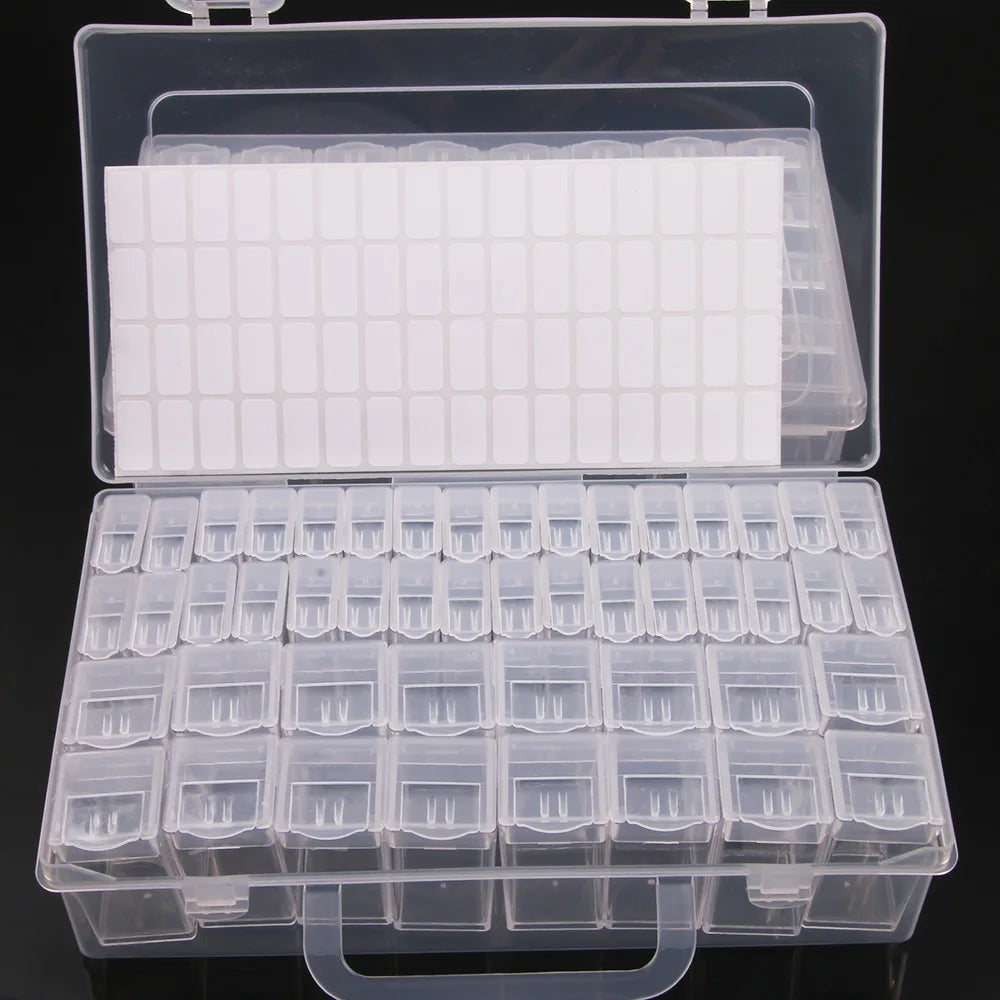 Clear plastic storage box for diamond painting supplies with multiple organizer trays