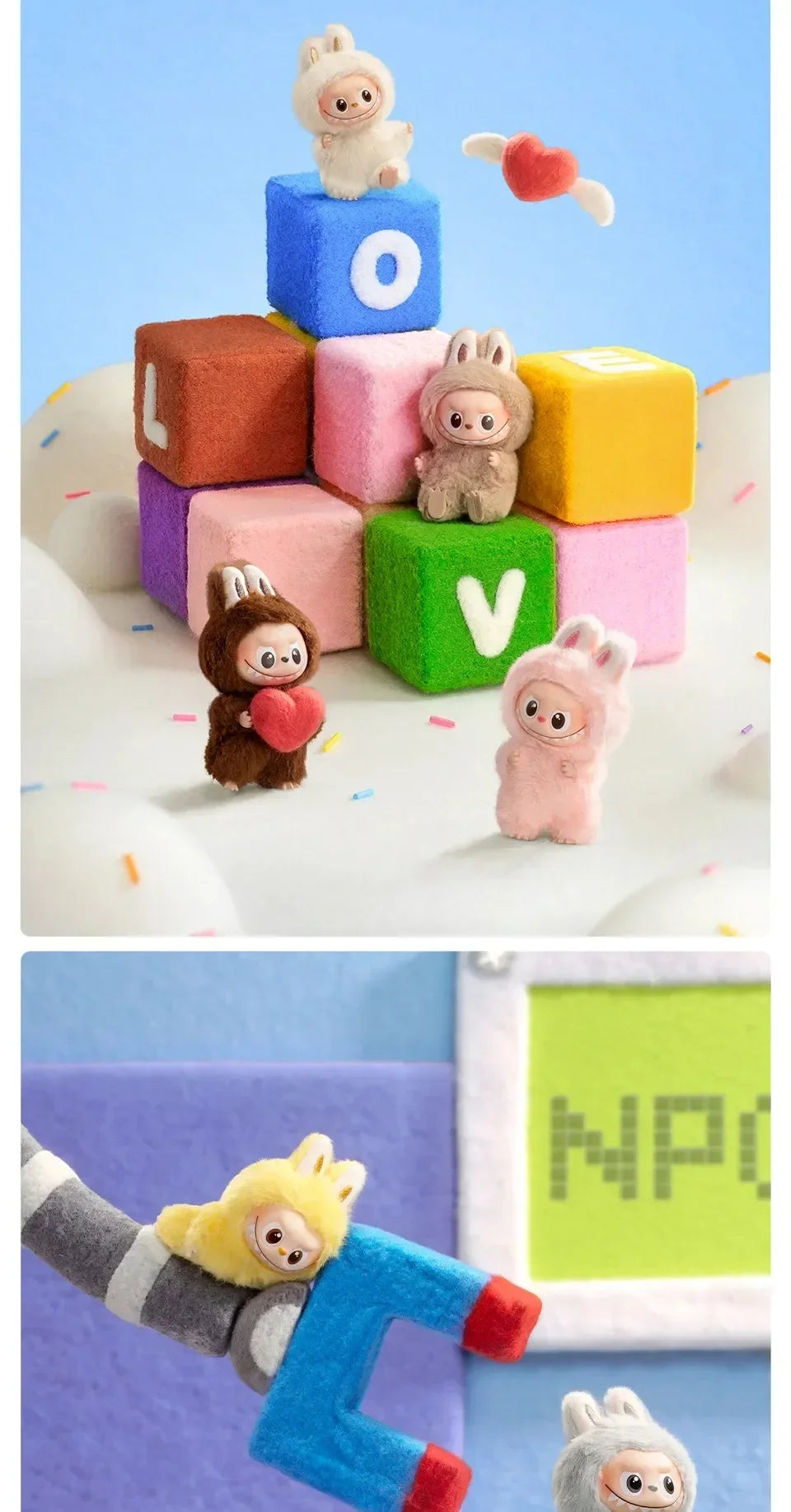 A collection of Labubu plush dolls and letter blocks, including a brown doll with a heart, a pink doll, and a light gray doll