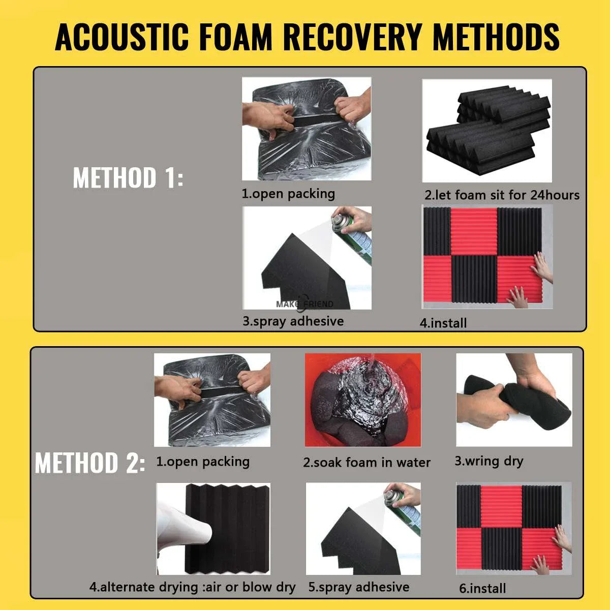 Instructions showing methods for acoustic foam recovery including packing, soaking in water, and applying adhesive.