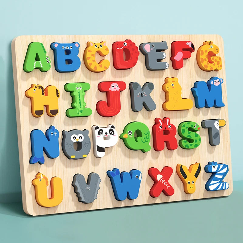 A wooden alphabet puzzle showing uppercase letters A through Z in various colors and shapes for learning.