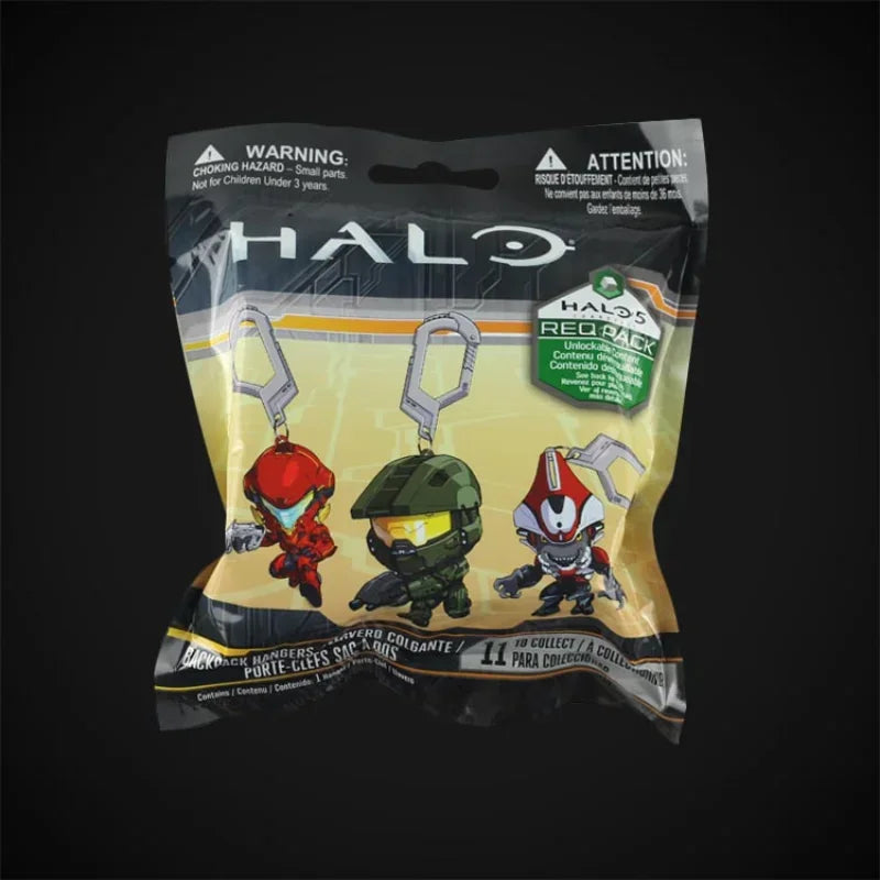 A sealed plastic bag containing a Halo themed master chief keychain pendant and collectible game figure charm.