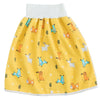 Yellow waterproof baby diaper pants with a skirt featuring small orange and blue animal patterns.