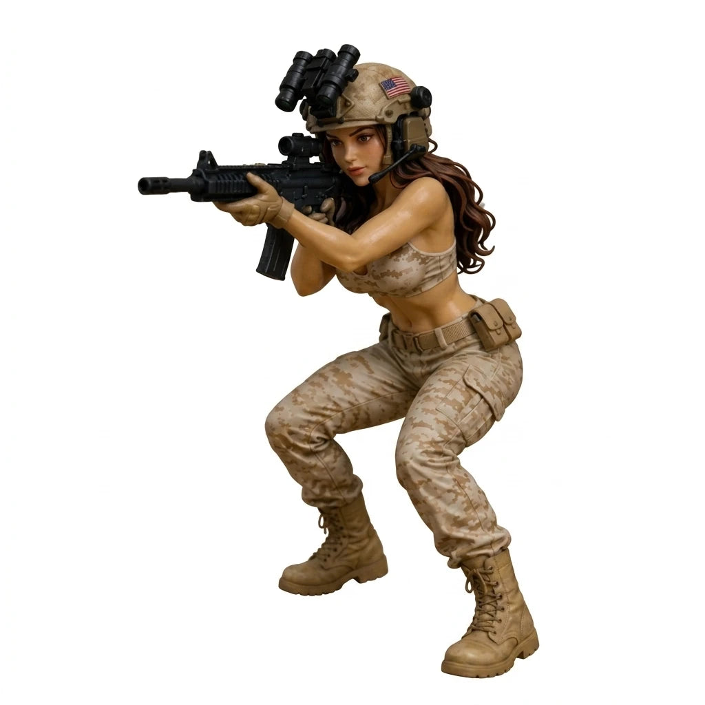 A resin desk figurine of a tactical anime girl wearing camouflage clothing and holding an assault rifle.