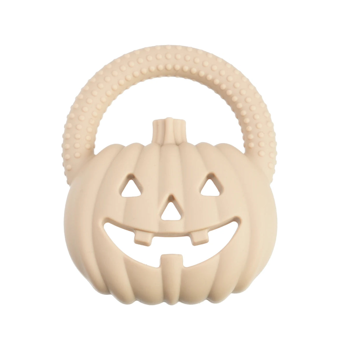 A light beige silicone pumpkin baby teether with a textured rim and carved facial features.