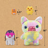 A large yellow and pink plush toy resembling a funny ugly monster with human-like teeth, shown next to smaller versions.
