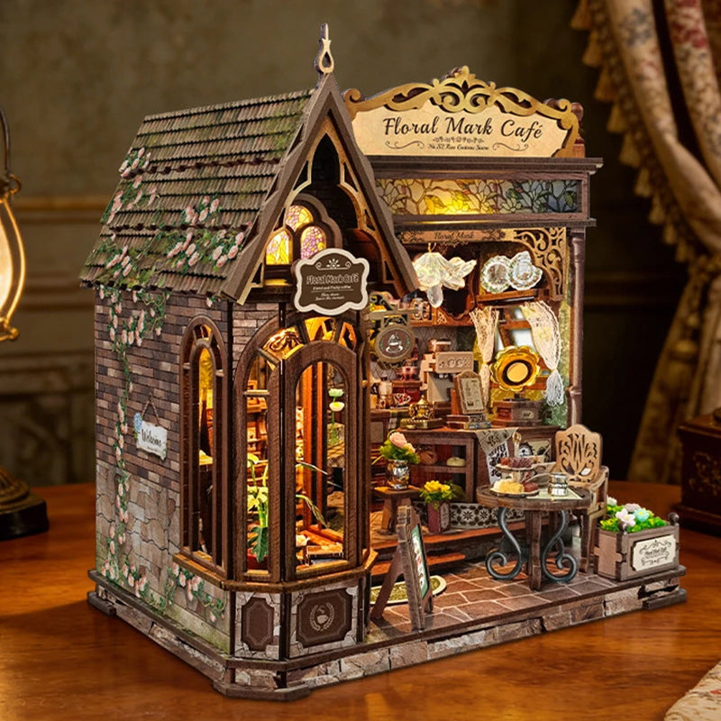 DIY Wooden Flower Shop Café Dollhouse Miniature Kit with LED Lighting