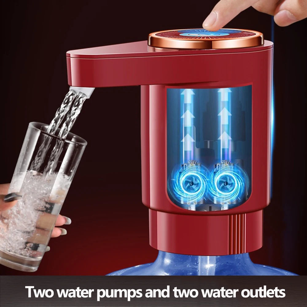 A red electric water dispenser showing two water pumps and two water outlets dispensing water into a glass.
