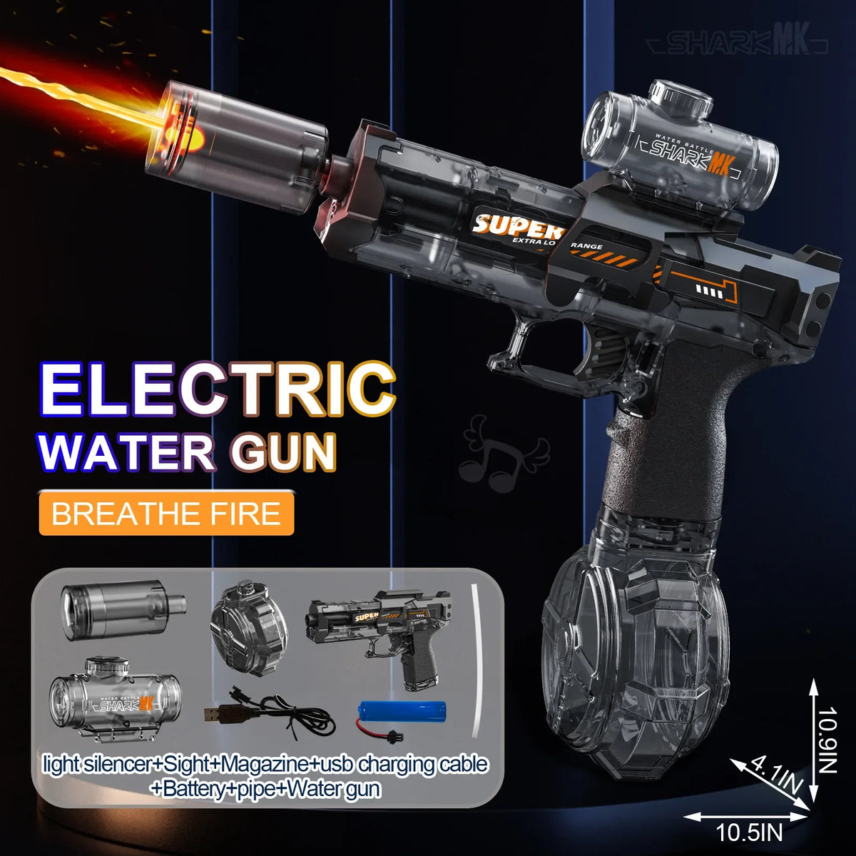 A black electric water gun with a visible firing stream and accessories shown on a dark background.