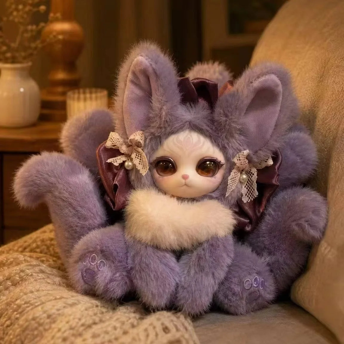 A fluffy purple fox plush collectible with large eyes and delicate fabric details sitting on a light-colored surface.