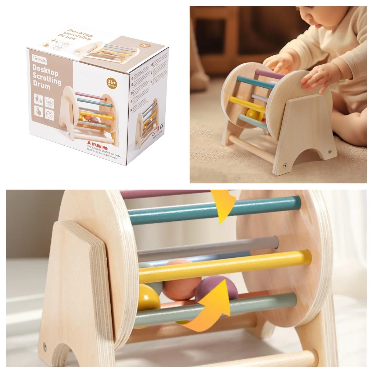 A wooden desktop scrolling drum toy for sensory play, showing various colored wooden bars.