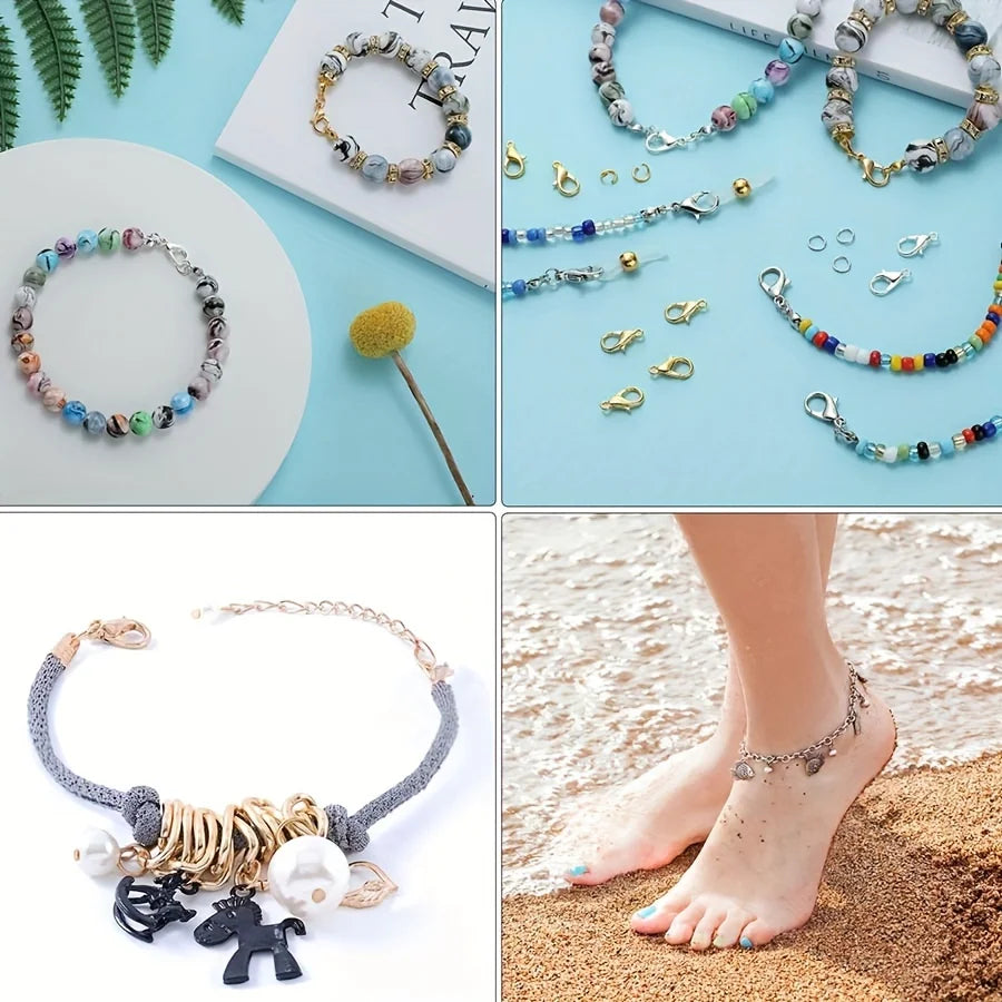 A collection of lobster clasps and open jump rings for jewelry making displayed on a light blue background.