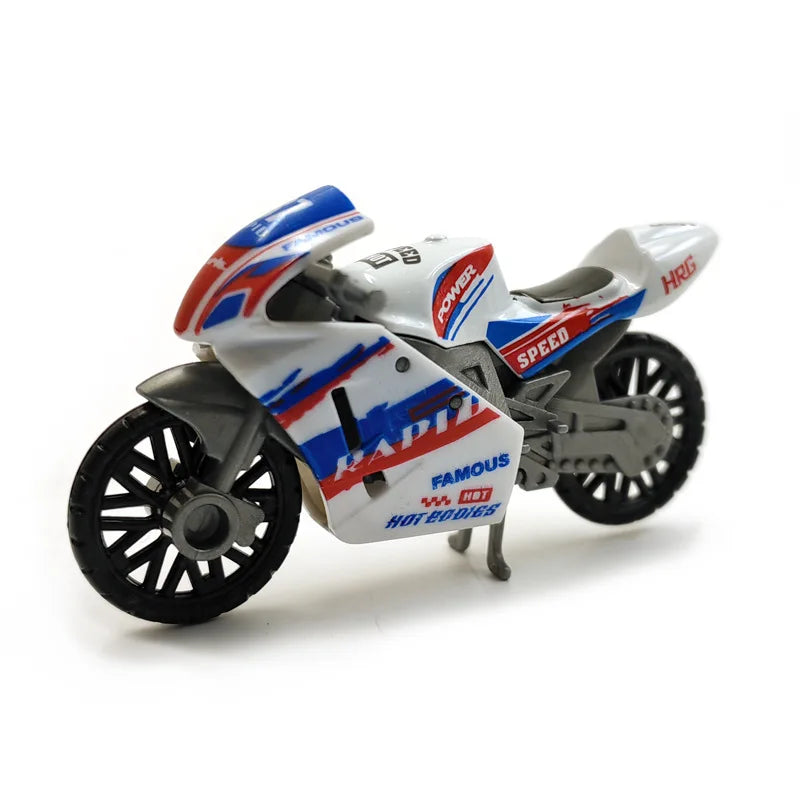 A vintage-style pull-back motorcycle toy car with blue, white, and red graphics.