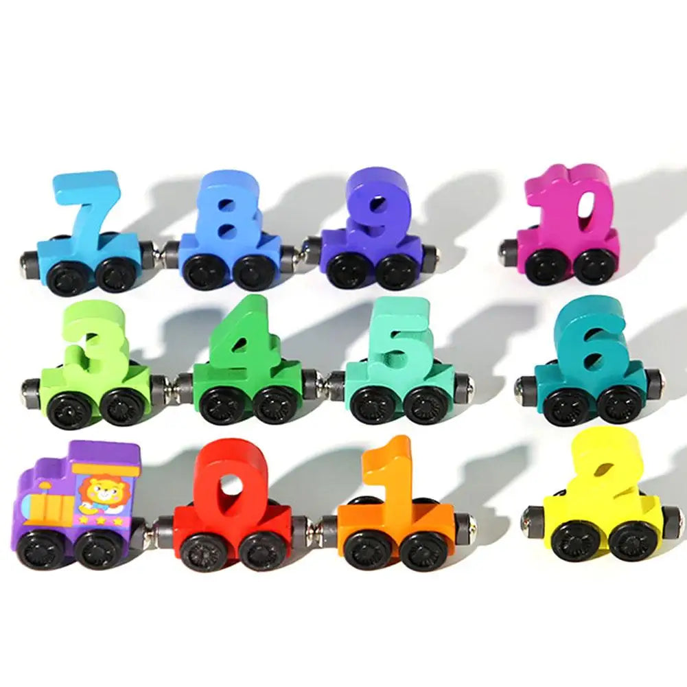 A set of wooden magnetic numbers 0 through 1, colored in various bright hues, arranged for a train display.