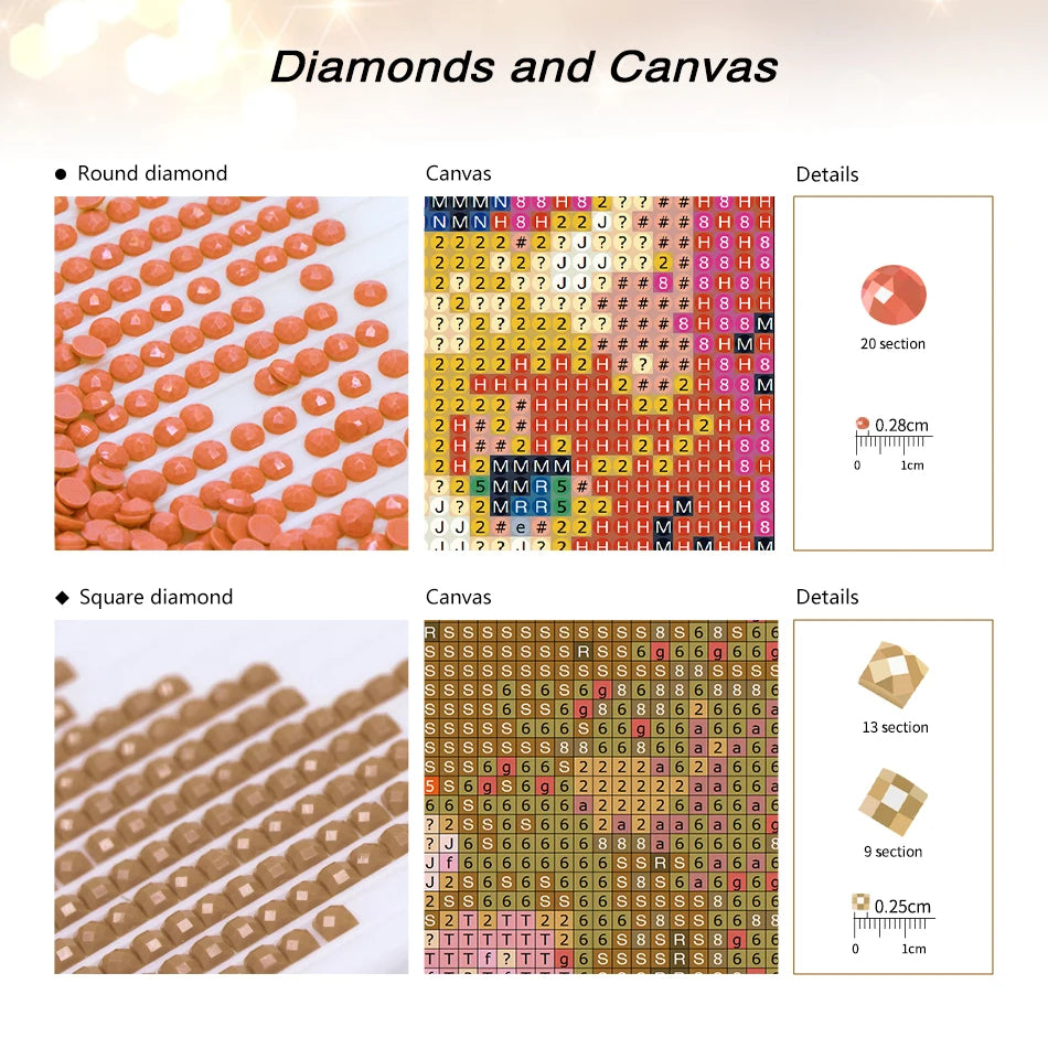 Diamond painting canvases showing round and square diamond patterns for mosaic art