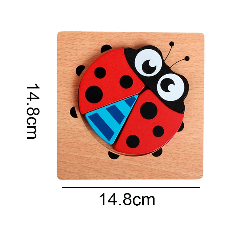 A wooden shape puzzle of a red and black ladybug, featuring blue accents, designed for children's learning.