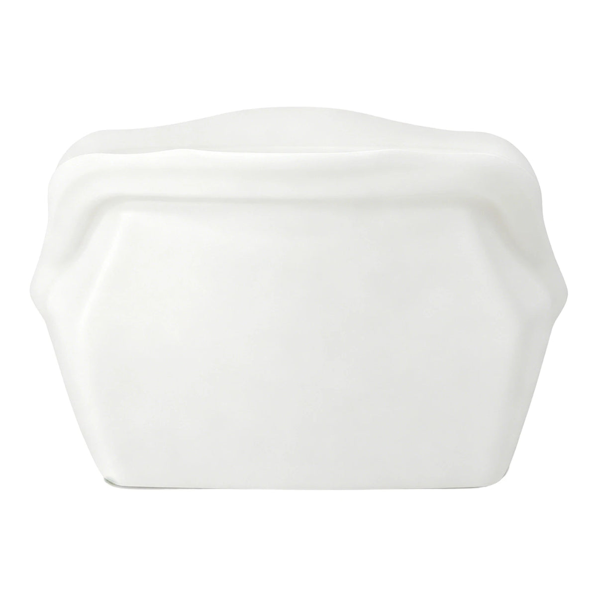 A white reusable silicone storage bag with a slightly textured, rounded shape.