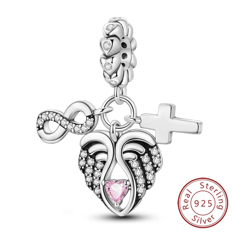 Sterling silver charm beads set featuring cross, angel, and evil eye designs for DIY jewelry making