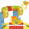 A colorful anti-gravity magnetic mini train toy with yellow, red, and blue components is shown in a close-up view.