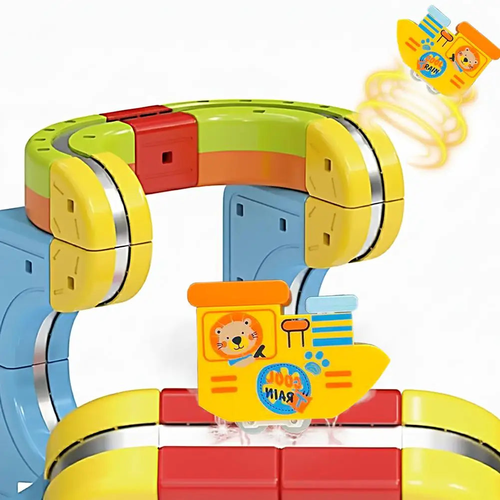A colorful anti-gravity magnetic mini train toy with yellow, red, and blue components is shown in a close-up view.