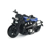 A black vintage-style pull-back motorcycle toy car with blue accents.