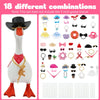 A set of 18 different costume combinations for a goose figurine including hats, glasses, and necklaces.