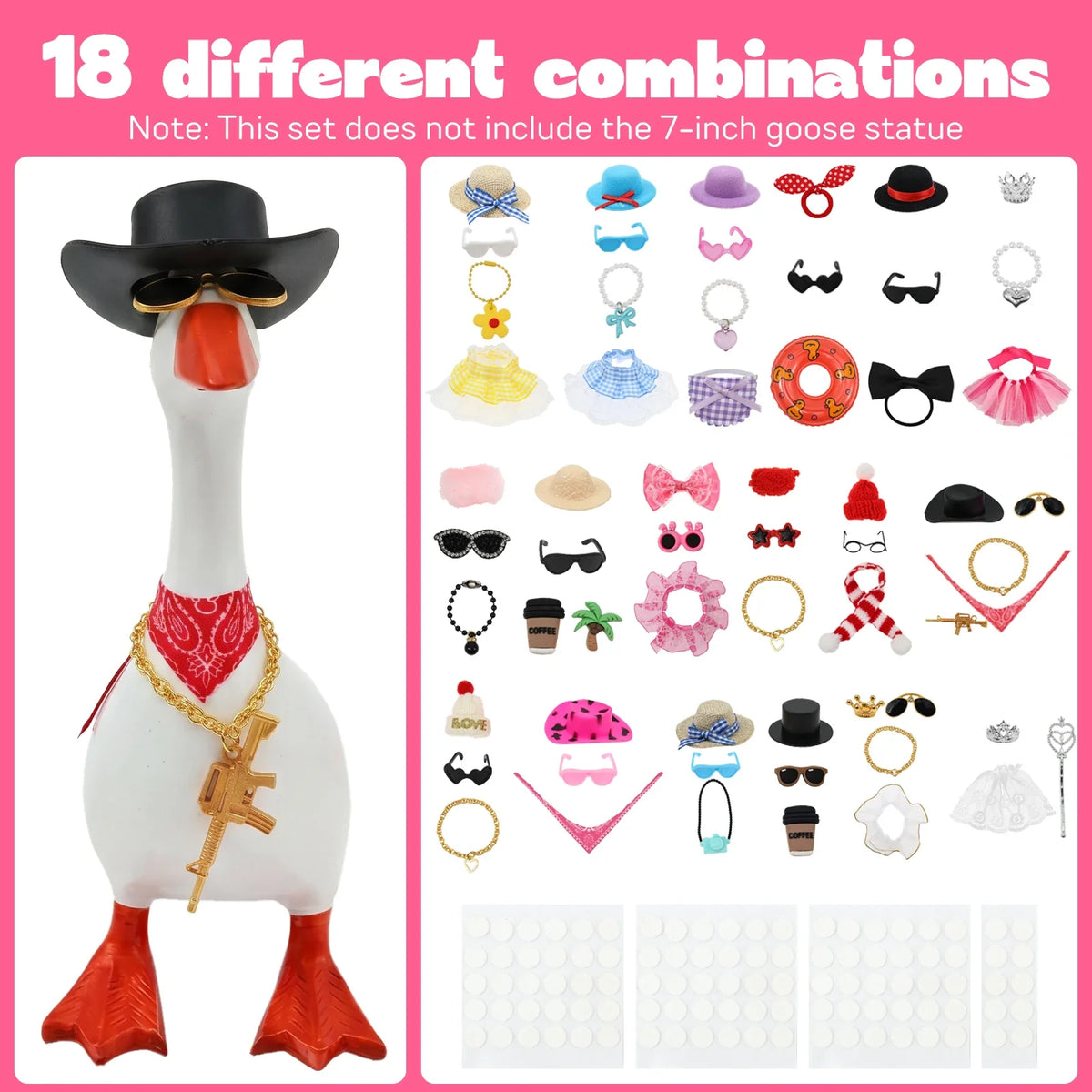 A set of 18 different costume combinations for a goose figurine including hats, glasses, and necklaces.