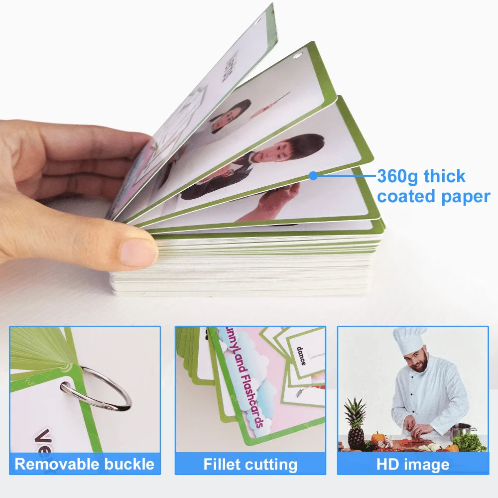 A hand holds a stack of green flashcards showing various images and features like a removable buckle, fillet cutting, and HD 