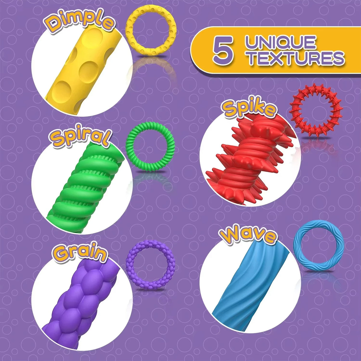 Five unique textures of fidget items including a yellow cylinder, green spiral, red spike, purple grain, and blue wave.