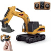 A yellow mini remote controlled construction vehicle set featuring a bulldozer, forklift, and excavator.