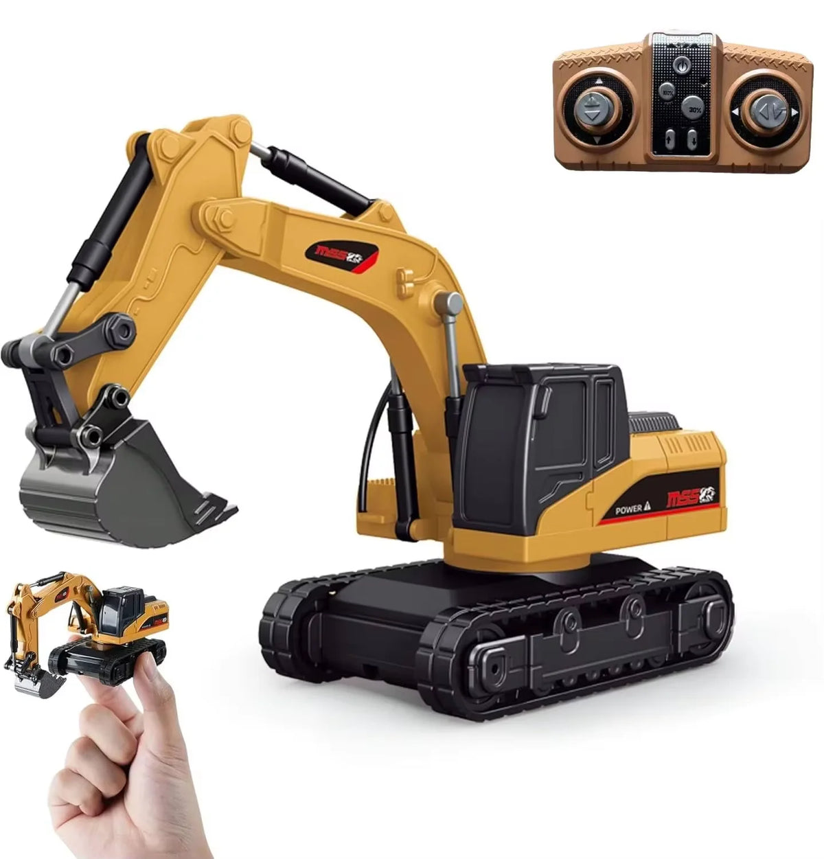 A yellow mini remote controlled construction vehicle set featuring a bulldozer, forklift, and excavator.