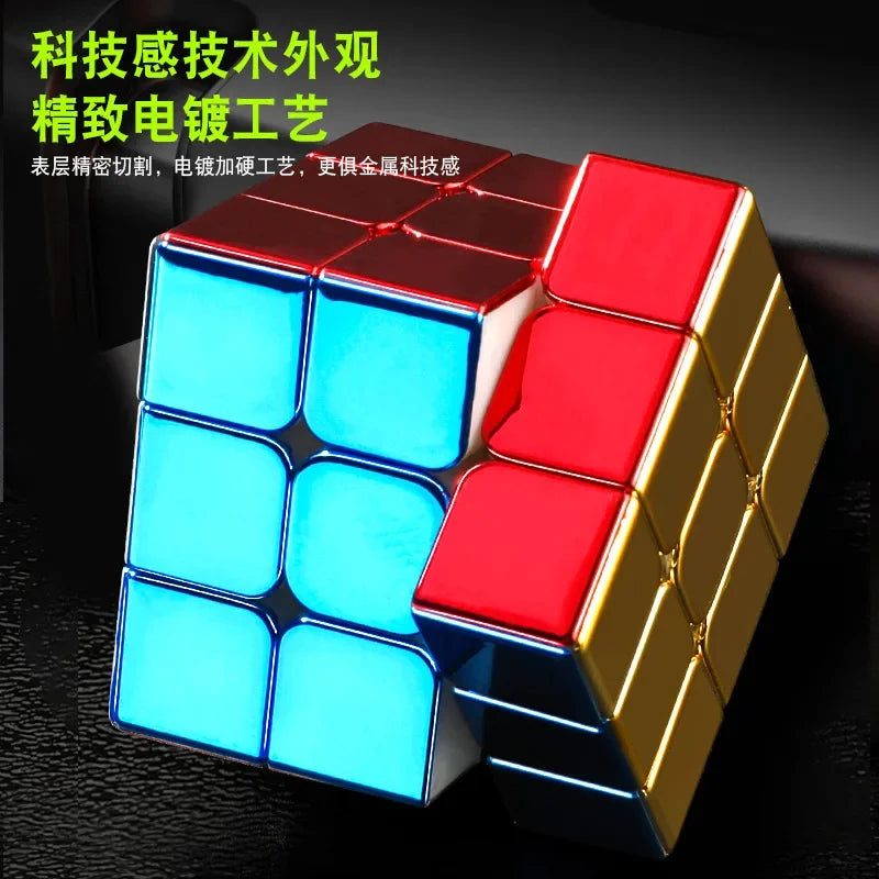 A magnetic 3x3 speed cube with red and blue faces, shown at an angle on a dark surface.