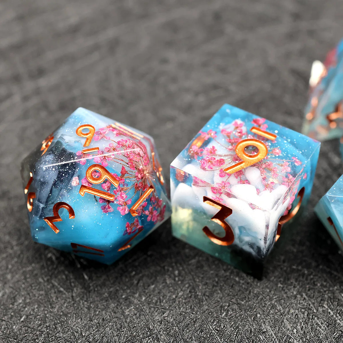 Handmade Resin D&D Dice Set – 7 Polyhedral Dice with Floral Design