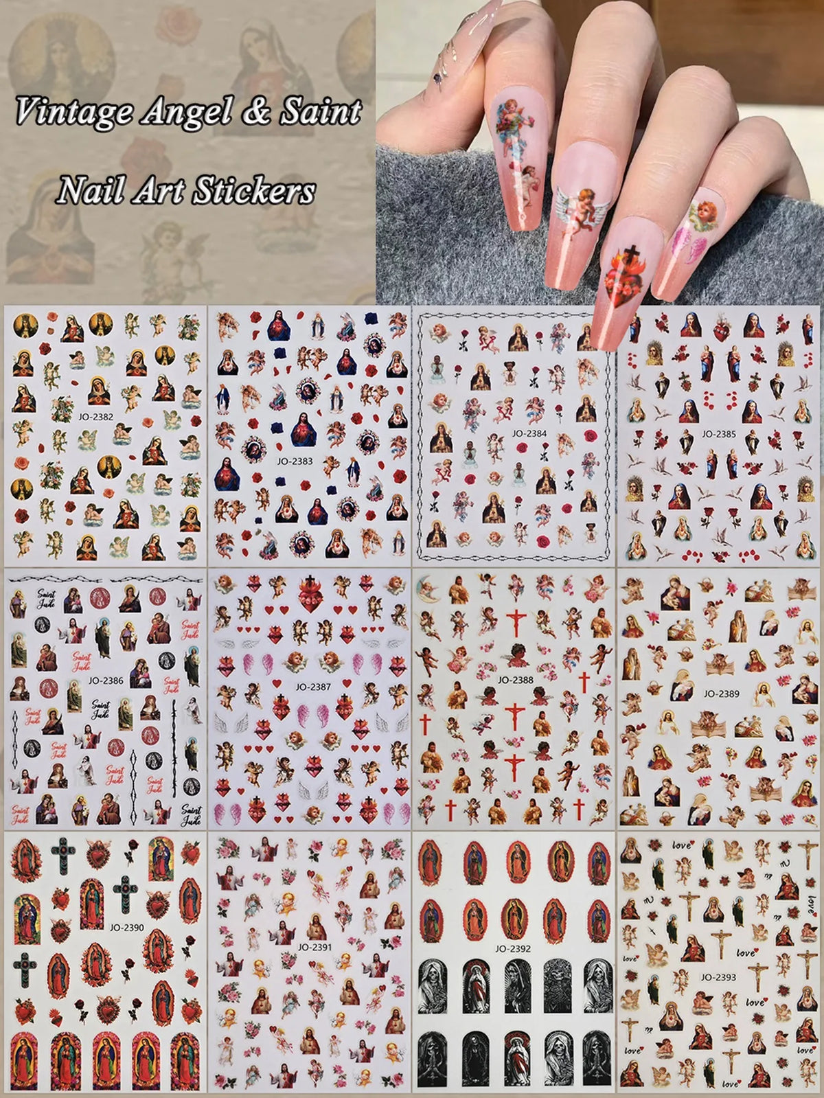 A collection of vintage angel and saint nail art stickers featuring cherubs, religious figures, and crosses.