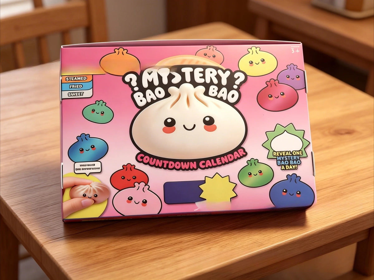 A pink box containing a mystery bao bao countdown calendar with various squishy food-shaped items.