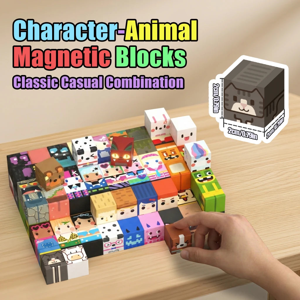 A hand holds a collection of character and animal magnetic blocks on a wooden surface.