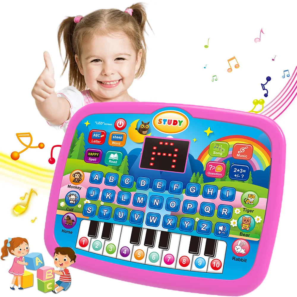Tablette éducative rose interactive avec clavier et notes de musique, à côté d'une fille souriante.