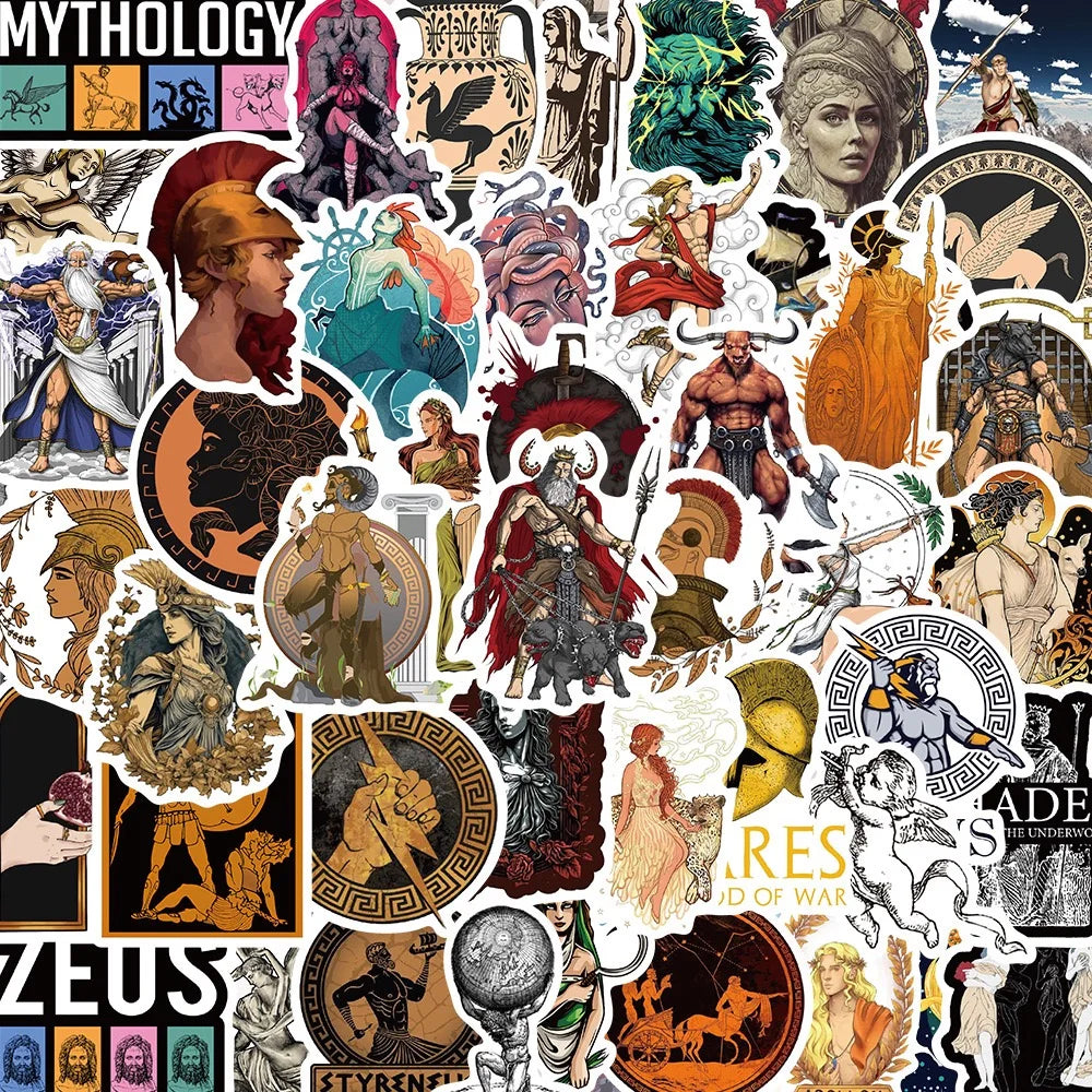 A collection of vintage Greek mythology aesthetic stickers featuring gods, goddesses, and mythological figures.