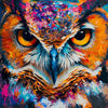 Vibrant oil painting of an owl's face with bright orange, yellow, and blue colors.