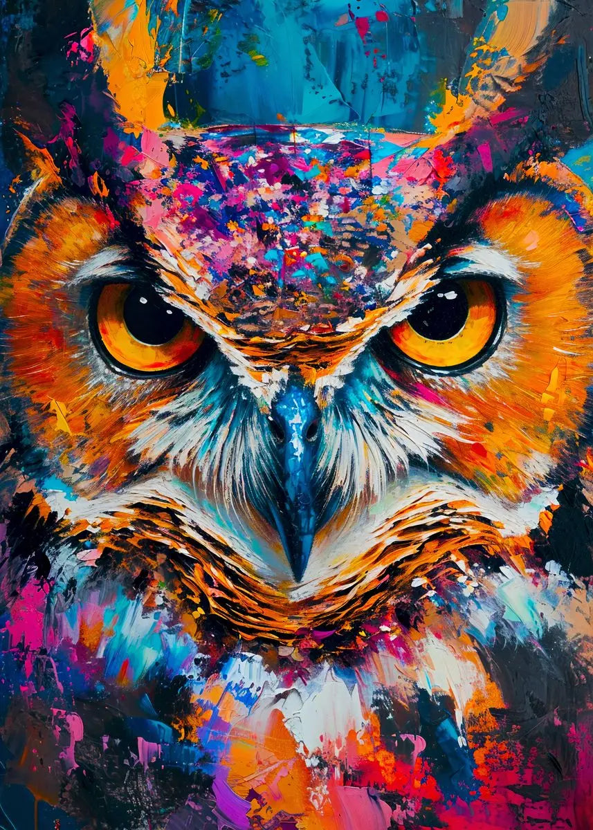 Vibrant oil painting of an owl's face with bright orange, yellow, and blue colors.