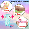 Multiple ways to play with a squishy axolotl stress relief fidget toy including squeeze, beat, and stretching