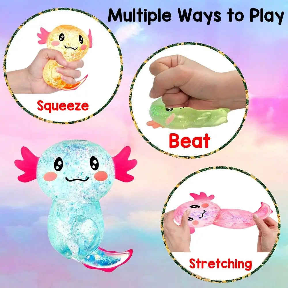 Multiple ways to play with a squishy axolotl stress relief fidget toy including squeeze, beat, and stretching