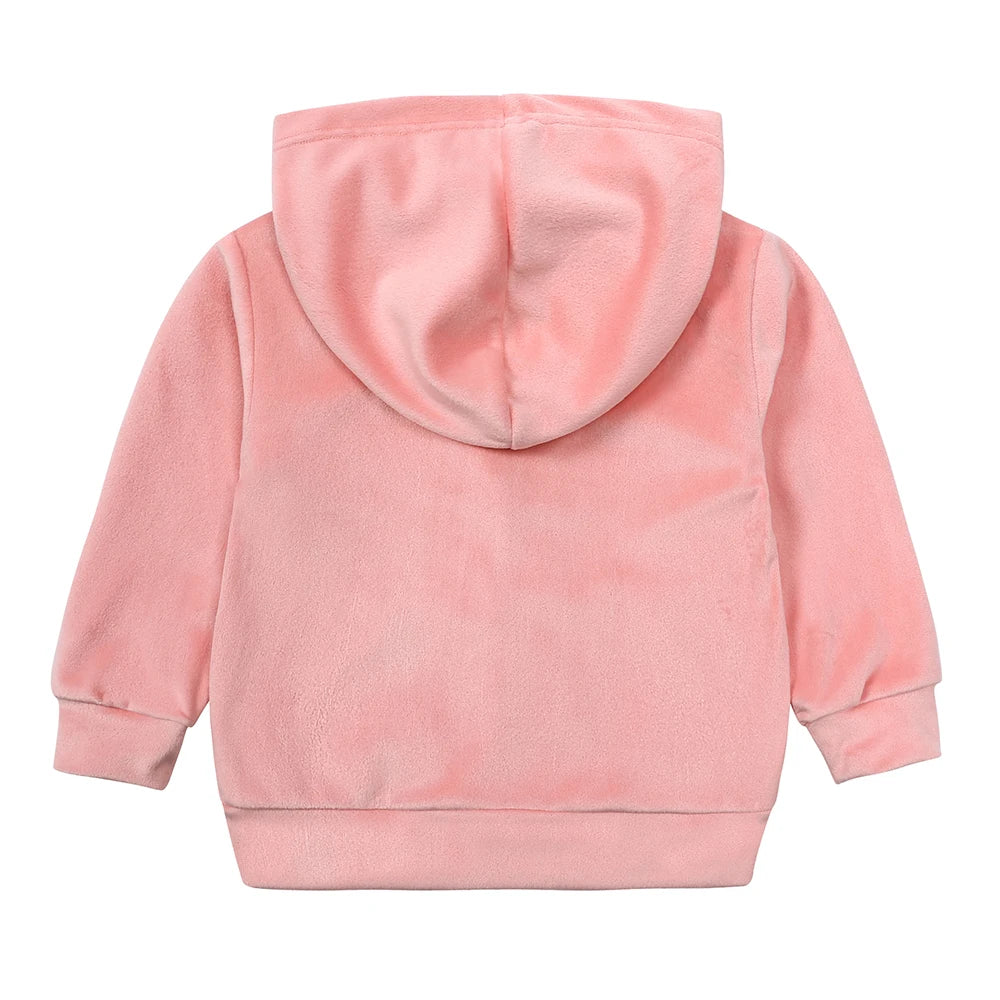 A pink velvet kids tracksuit set featuring a hooded zipper coat and matching pants.