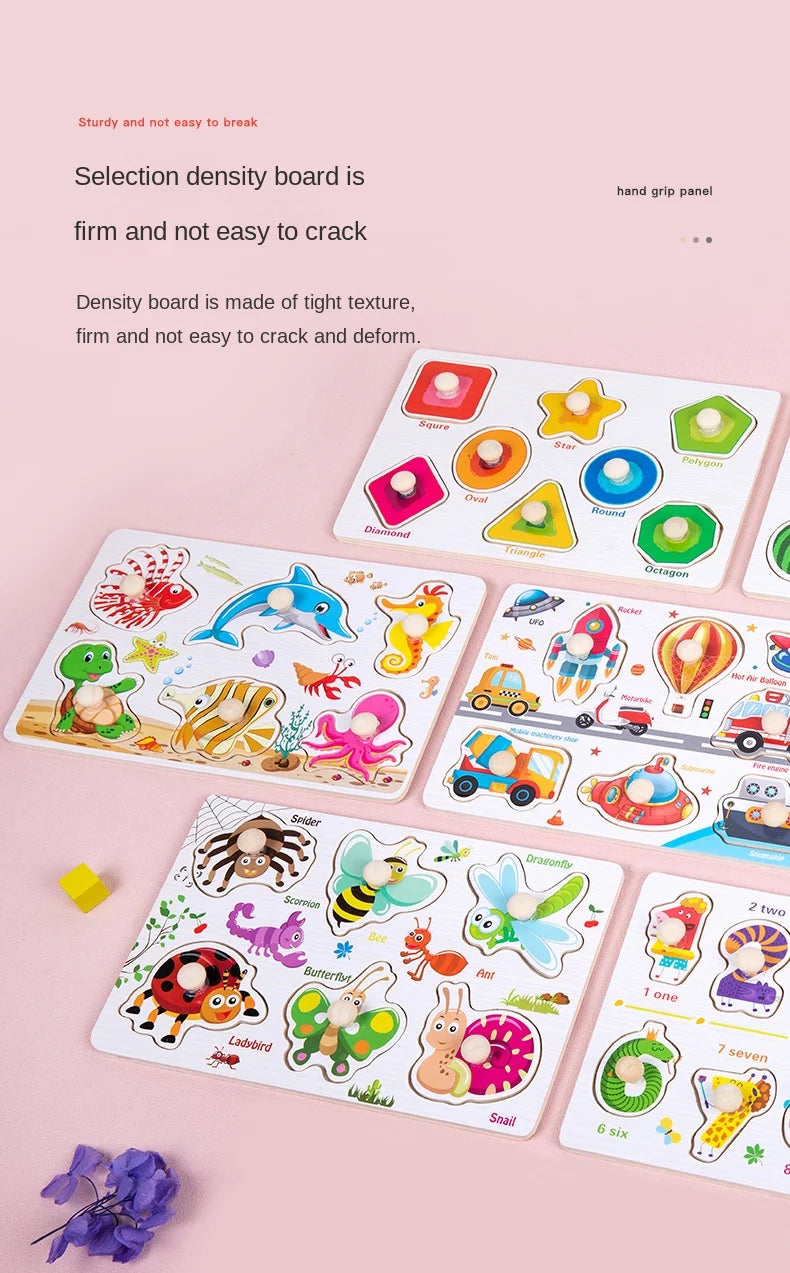 A collection of wooden animal and shape jigsaw puzzles for toddlers, featuring various textures and forms.