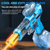 A blue automatic electric water gun with flashing lights and a large tank is shown firing a stream of water.