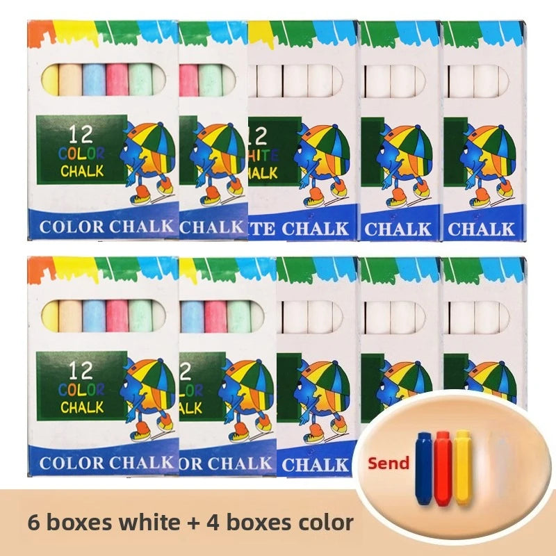 Six boxes of white and four boxes of color chalk sticks for children's art
