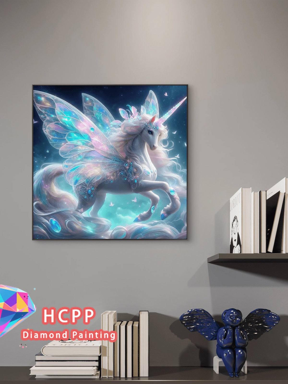 A framed painting of a white unicorn with iridescent wings and blue accents, displayed above a shelf with books and a blue bu
