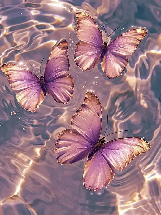 A purple butterfly painted by numbers kit on canvas floating in water.